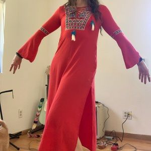 Red tribal embroidered boho dress